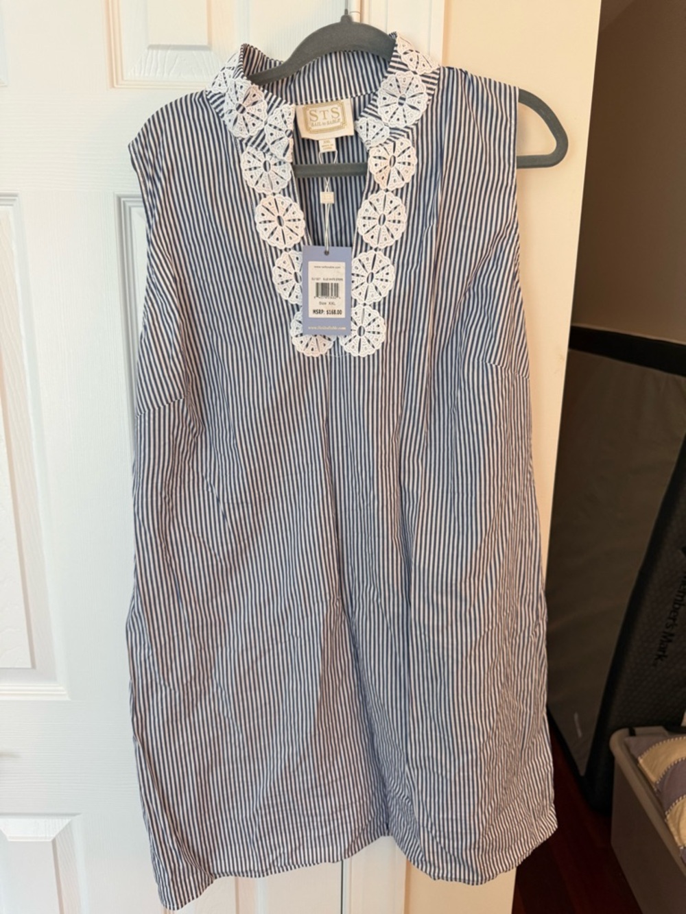 Sail to Sable Blue and White Striped Sleeveless Dress with Crochet Trim
